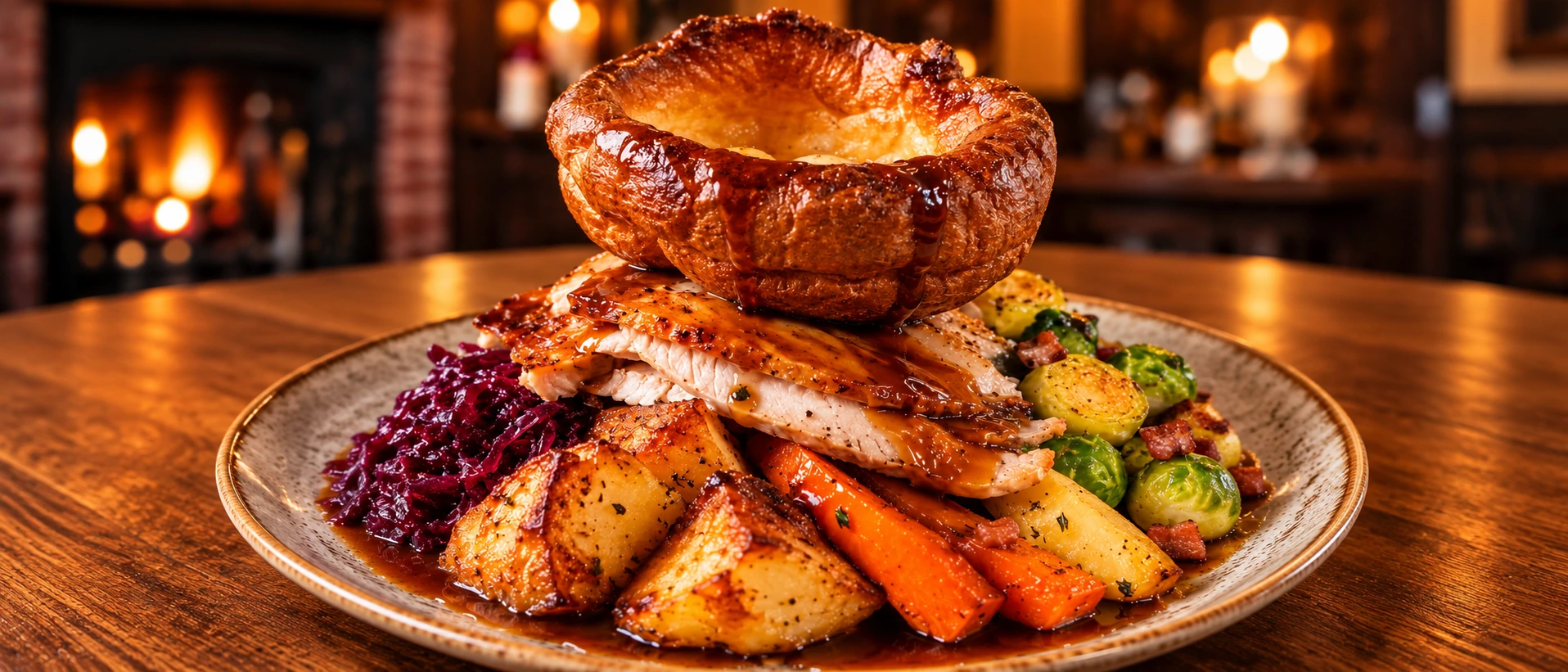 Festive roast dinner with Yorkshire pudding, turkey and seasonal vegetables